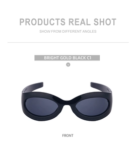 Front view of Y2K cycling sunglasses in bright gold and black with dark grey lenses