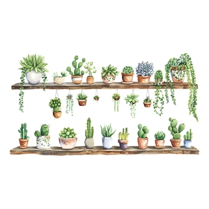 Watercolor wooden shelf wall decal featuring succulents and cacti for home decor