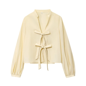 Women's pale yellow long sleeve striped poplin shirt with dual bow ties and V-neckline