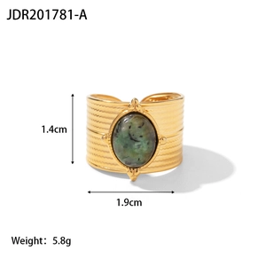 Detail view of 18K gold plated stainless steel ring with green stone and dimensions