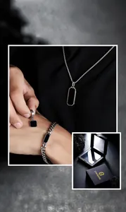 Mens stainless steel jewelry set including rectangle pendant necklace and cuban bracelet