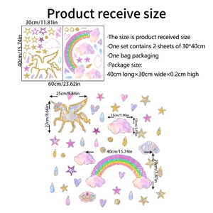 Specifiche dimensioni per adesivi murali unicorno e arcobaleno in fogli 30x40cm