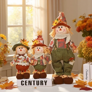 Three-piece harvest scarecrow plush doll set with sunflower accents for fall home decor