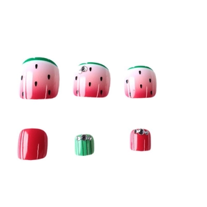 Watermelon theme press-on toenails with red-green gradient and crystal rhinestones
