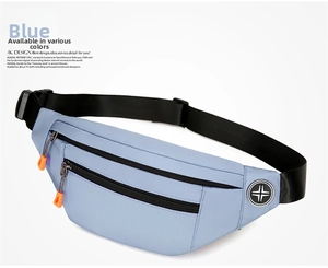 Detail of blue nylon waist bag showing adjustable strap and orange zipper puller