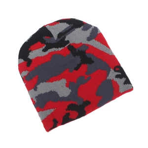 Detail view of red and black camouflage pattern on a knitted winter beanie hat