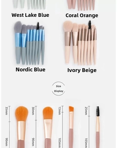 Detailed size chart for the 8-piece portable soft fiber makeup brush set in 4 colors