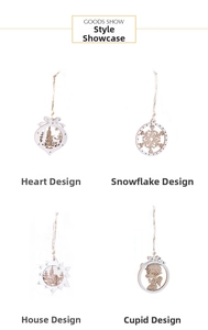 Detail of four hollow wooden Christmas ornaments including heart and snowflake designs