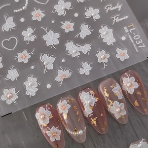 3D white embossed flower nail stickers with pearls and chain designs for nail art
