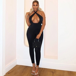 Sexy black halter neck jumpsuit with cutout detail and open back for a slim fit look