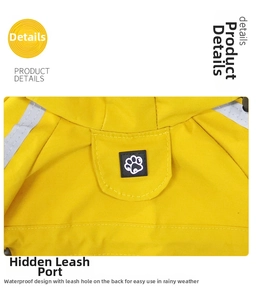 Détail d'imperméable jaune pour chien avec trou de laisse étanche et bande réfléchissante