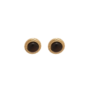 Vintage gold hoop earrings with round tiger eye stones and twisted rope texture