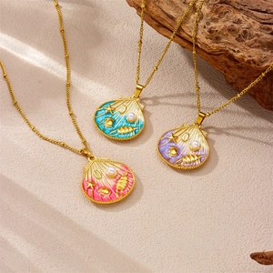 Shell Pendant Necklace Stainless Steel Gold Plated Enamel Gradient Ocean Starfish Artificial Pearl Jewelry For Women
