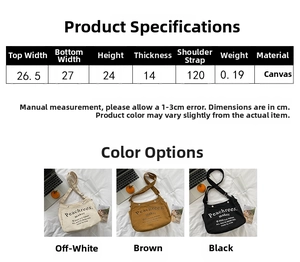 Detailed dimensions and canvas material specifications for versatile crossbody tote bags