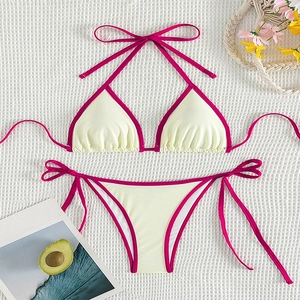Women Sexy Contrast Binding Halter Triangle Top And Side Tie Bottom Bikini Swimsuit Beach Pool Vacation Swimwear