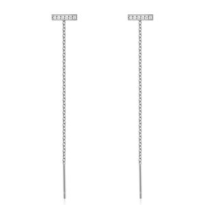 Detailed view of S925 sterling silver chain earrings with pavé set zircon bars
