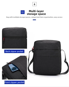 Detailed multi-angle views of black oxford messenger bag with multiple zipper compartments