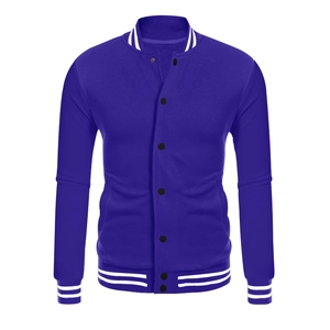 Detail of ribbed collar and cuffs on a navy blue varsity jacket with white stripes