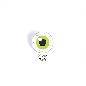 Macro detail of 25mm bloodshot eyeball enamel pin with green iris and 3.9g weight info