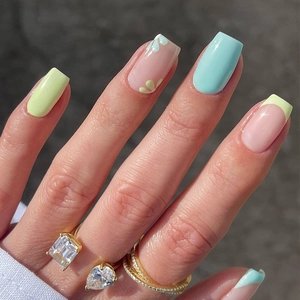 Press On Nails French Tip Flower Pattern Macaron Yellow Blue Color Block Sweet Elegant Square Shape Fake Nails For Women