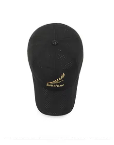 Top view of black mesh baseball cap with gold Sunshine wheat embroidery for summer outdoor use