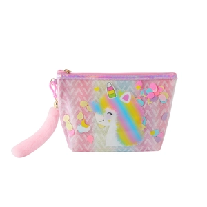 Pink unicorn cosmetic bag with rainbow glitter pattern and plush tail keychain