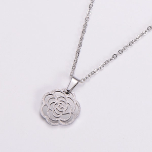 Elegant silver rose flower cutout pendant necklace with textured matte finish and link chain