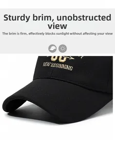 Detailed embroidery of Golden NEW BEGINNING text on a black canvas baseball cap