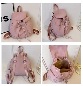 Detailed views of a pink nylon backpack with drawstring closure and multiple pockets