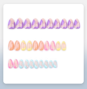 Detailed flat lay of almond-shaped press-on nails with colorful wavy gradient patterns