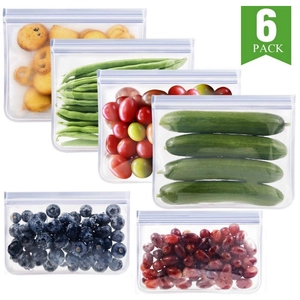 Detail view of 6 pack reusable PEVA food storage bags for snacks and vegetables