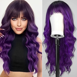Detail view of purple gradient long wavy synthetic wig with bangs for women styling