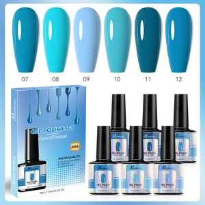 Detail view of 6-piece blue gel nail polish set with UV LED polish bottles and packaging