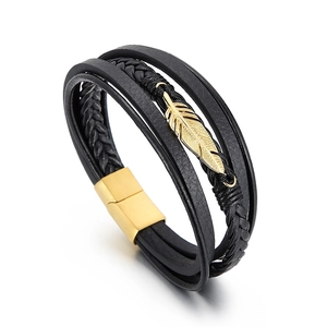 Black multilayer braided leather bracelet for men with golden feather and magnetic clasp