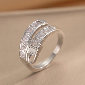 Silver belt buckle ring featuring sparkling rectangular and round clear crystals