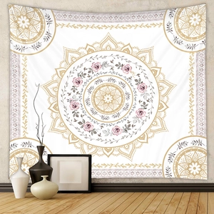 Bohemian mandala tapestry with gold patterns and pink roses for wall decoration