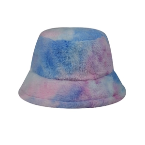Chapeau bob en peluche tie-dye rose et bleu, chapeau d'hiver chaud en fausse fourrure