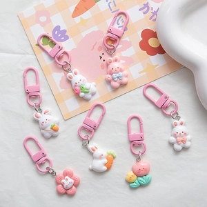 Set of 7 cute pink bunny and flower keychains with resin carrot rabbit charms