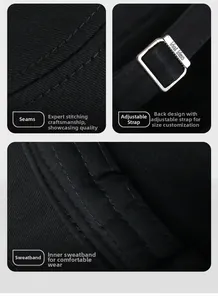 Detail view of cotton flat top cap showing metal buckle with engraving and inner sweatband