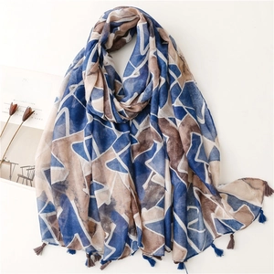 Ethnic Geometric Print Scarf Shawl For Women With Tassels Polyester Voile Cotton Linen Feel Lightweight Breathable