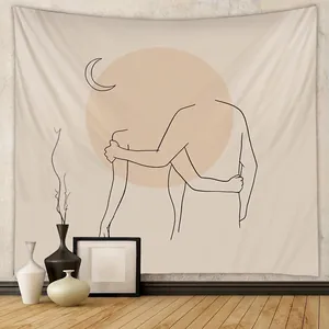 Wall Tapestry Polyester Minimalist Line Art Abstract Hugging Couple Sun Moon Aesthetic Bohemian Bedroom Living Room Decor