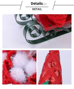 Detail of red sequin fabric and white pompom on Christmas sleigh with metal base