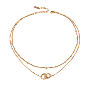 Double-layered gold stainless steel necklace with interlocking rings and bead chain