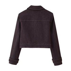 Veste courte en jean violet foncé pour femme avec coutures blanches contrastées au dos