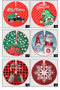 Collage of six festive Christmas tree skirts with gnomes, trucks, and buffalo plaid prints