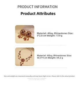 Detailed view of vintage amber crystal necklace and earring set with pearls and rhinestones