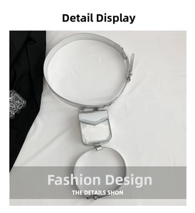 Detail showing the shiny silver mini flap square bag and matching leg strap accessory