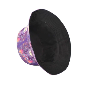Detailed top view of reversible bucket hat featuring purple psychedelic art patterns