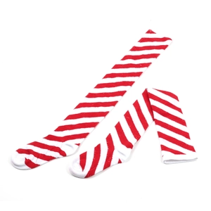 Macro view of red and white striped knee-high stockings with soft knit cotton texture