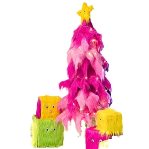 Colorful faux fur Christmas tree decor with LED lights on white background